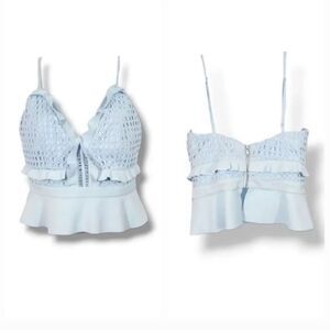 Bardot Embroidered Eyelet Lace Ruffle Peplum Cami Tank Top in Sky Blue Size 6/S